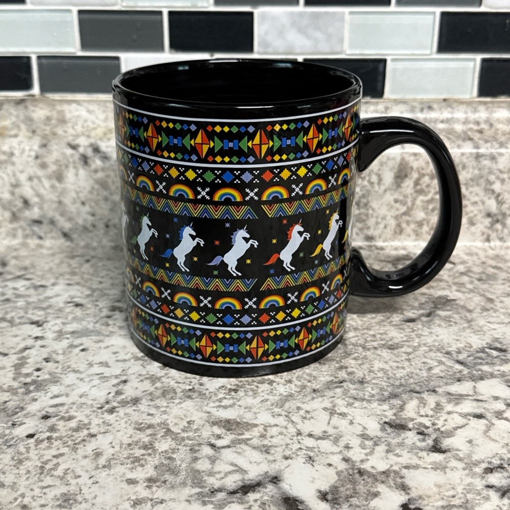 Spencer’s Coffee Mug Black Rainbow Unicorn Ugly Sweater Cup EUC